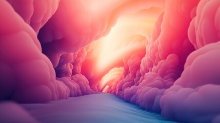Colorful cloudscape forming a tunnel with light at the end.