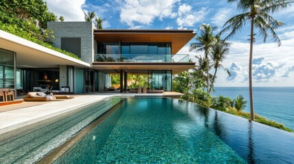 Fototapeta premium Modern Luxury Villa with Infinity Pool Overlooking the Ocean