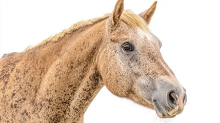 Close Up Portrait of a Light Brown Horse Head With Dark Eyes on a Plain White Background