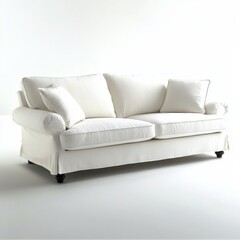 Elegant white linen sofa with comfortable cushions, perfect for a bright and airy living room, showcasing its minimalist design and inviting textures on clean background.