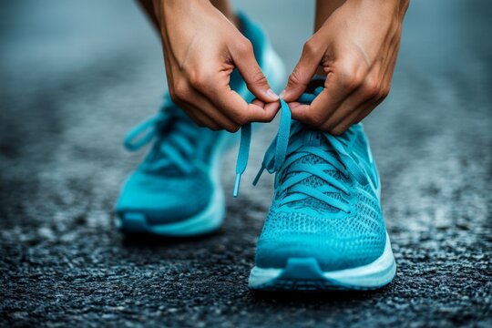 Caucasian young adult tying blue running shoes on asphalt surface
