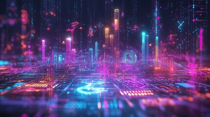 Obraz premium Futuristic Cityscape Digital Neon Lightscape Architecture