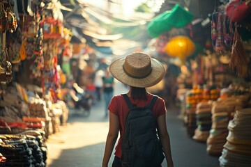 Obraz premium Young asian female exploring bustling market with vibrant lanterns
