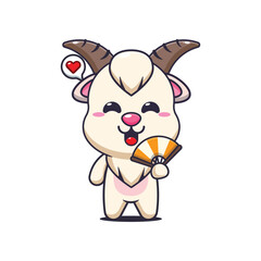goat mascot cartoon character vector illustration with hand fan
