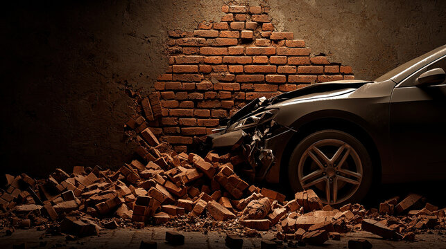 Car crashed into brick wall, causing debris to scatter around, house and car insurance concepts.