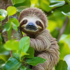 Fototapeta premium A playful sloth hanging from a tree, surrounded by vibrant green leaves.