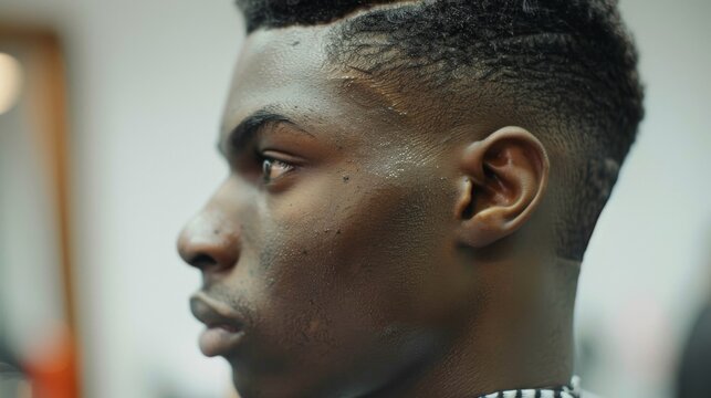 A young man sits in a barbershop chair, focusing intently as a barber skillfully shapes his haircut. The atmosphere is relaxed and contemporary with vibrant decor.