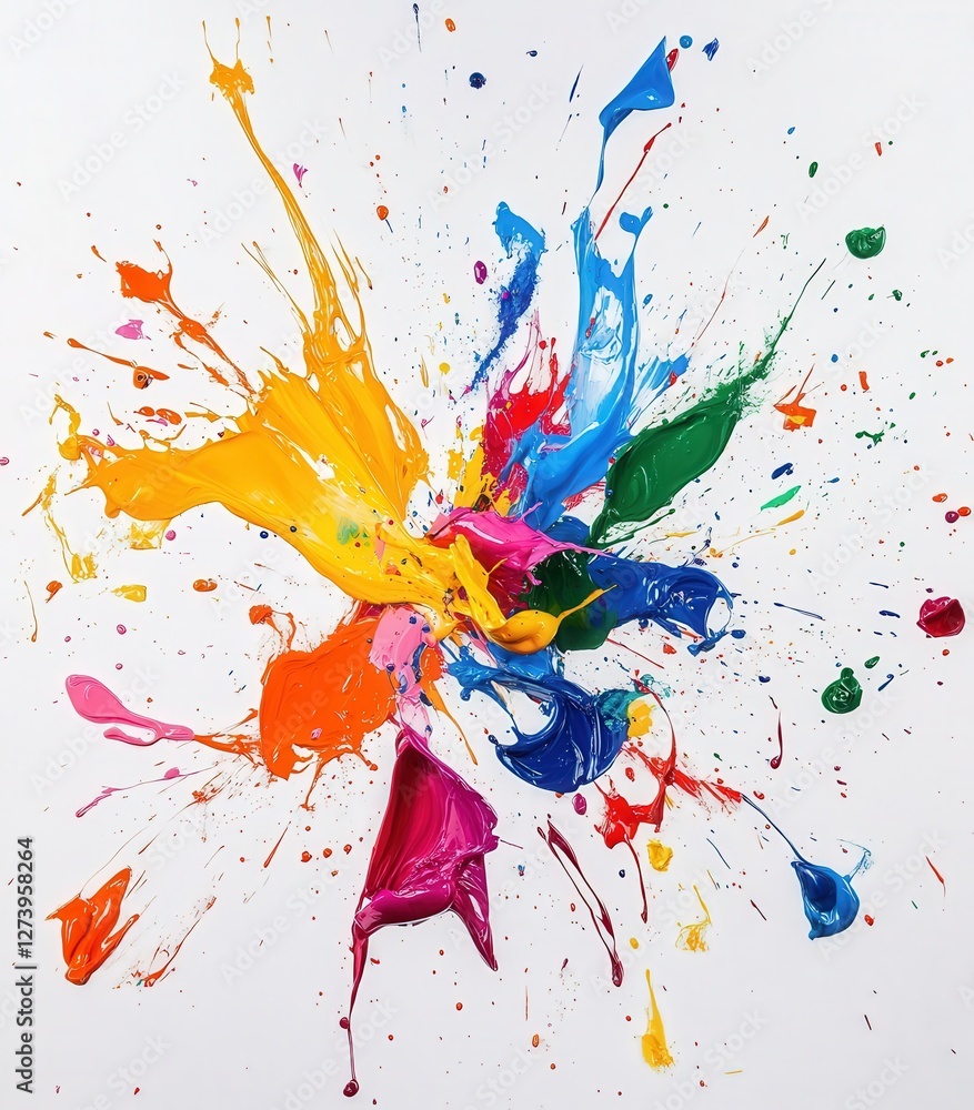 Poster an array of colorful paint spills on a white canvas, each spill perfectly placed to create an energe