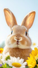 Fototapeta premium Cute rabbit surrounded by vibrant flowers under a bright blue sky in a sunny meadow