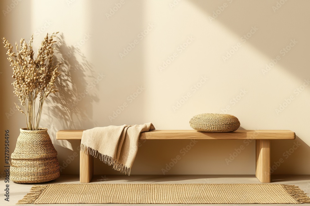Poster serene interior scene featuring a wooden bench with natural elements and soft light creating a calmi