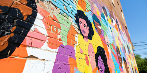 Fototapeta premium Multicolored Mural of Stylized Female Faces on Brick Wall