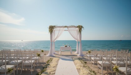  Beach wedding ceremony setup with a floral arch and ocean view