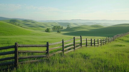 Lush Green Rolling Hills with Wooden Fence under Clear Blue Sky