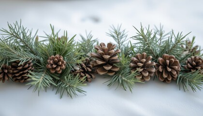 Fototapeta premium Pine cones and greenery on a snowy background creating a serene winter scene