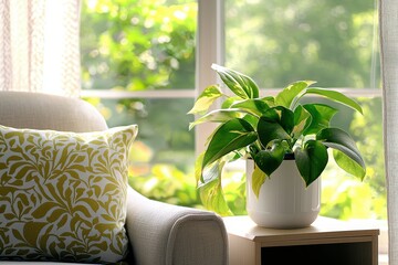 Cozy indoor scene featuring a vibrant pothos plant in a white pot next to a patterned pillow and bright window