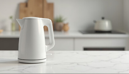 Fototapeta premium White, sleek electric kettle on marble kitchen countertop, with blurred modern kitchen background. Home appliance branding, minimalistic and functional design, modern home comforts.
