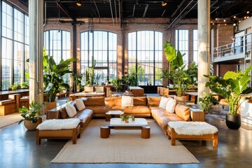 Fototapeta premium Spacious loft interior with leather sofa lush plants and exposed brick walls creating a bright and inviting atmosphere in a modern office space