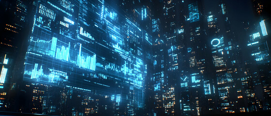 Digital data streams flow, city backdrop