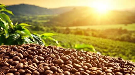 Obraz premium Roasted Coffee Beans in a Lush Green Landscape