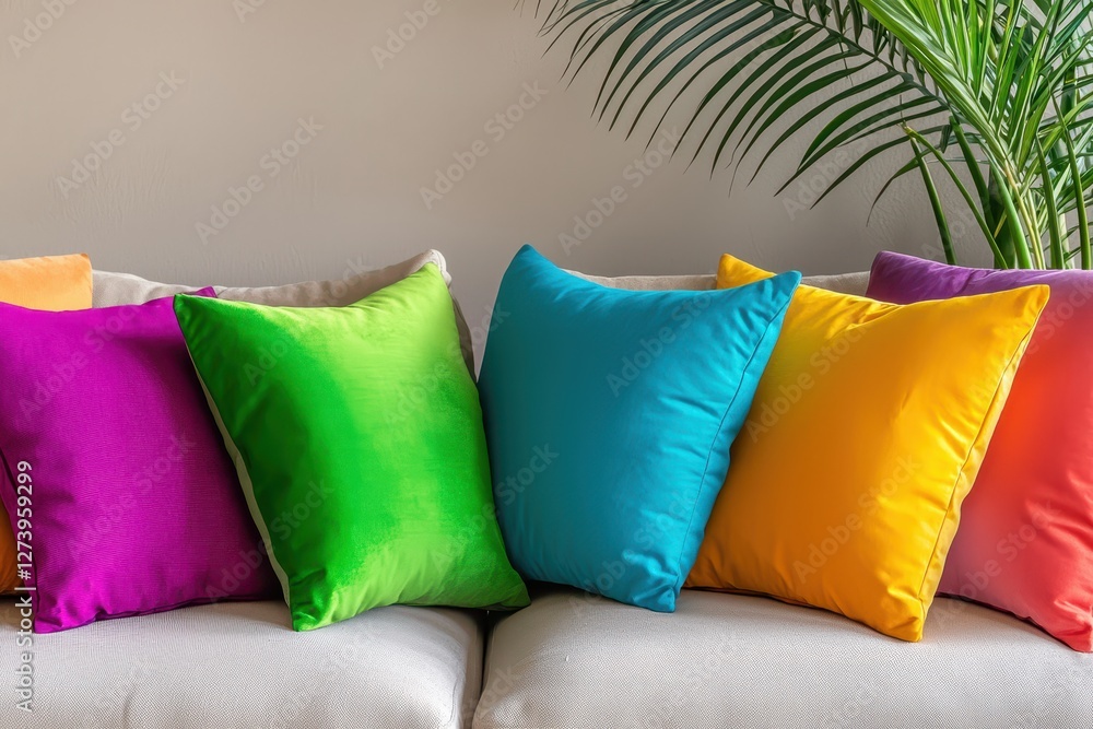Poster vibrant array of colorful pillows on a sofa creating a cozy and inviting atmosphere with a modern to