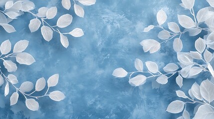 White leaves on blue background, copy text, template