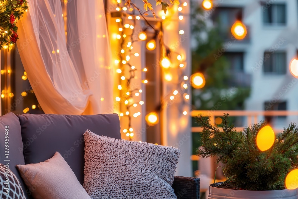 Poster cozy evening balcony with soft cushions and glowing string lights creating a warm inviting atmospher