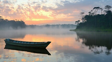 Obraz premium Tranquil Sunrise Over Calm River with Boat and Misty Landscape