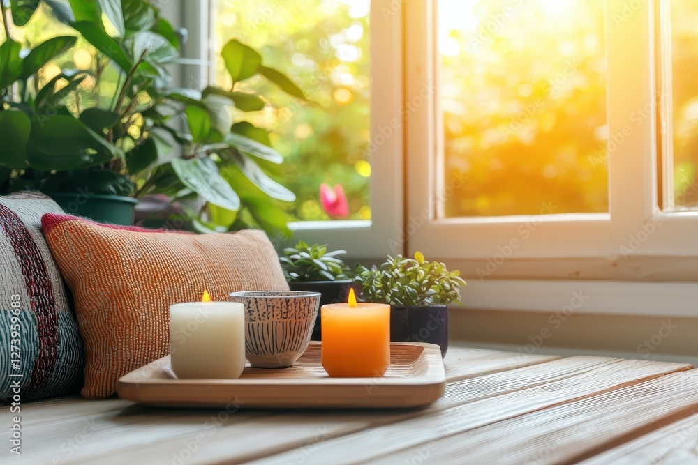 Poster serene window scene with glowing candles plants and pillows creating a cozy and inviting atmosphere 