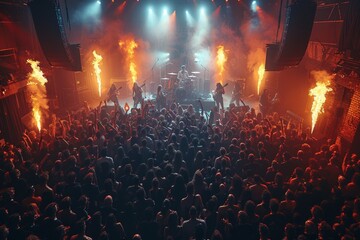 Anticipation builds as a microphone awaits heavy metal concert with eager fans on stage