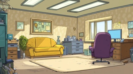 Cartoon Office Interior, Sunny Day, Calm Atmosphere, For Background Use
