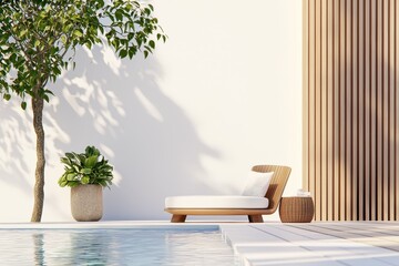 Serene poolside retreat featuring a modern chaise lounge tree and wooden accent wall creating a tranquil and inviting outdoor space
