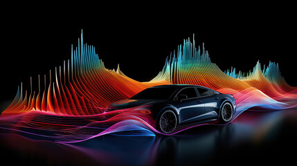 Car audio installation service concept with auto vehicle surrounded by music and sound waves equalizer