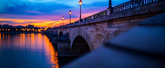 Illuminated stone bridge at twilight, reflecting lights on calm river