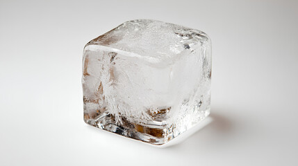 Close-up image of a single ice cube isolated on a white background. showcasing its clarity and texture, perfect for cooling beverages