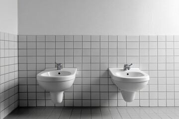 White wall-hung bidet and toilet, on gray ceramic tiles in minimalist and modern bathroom interior