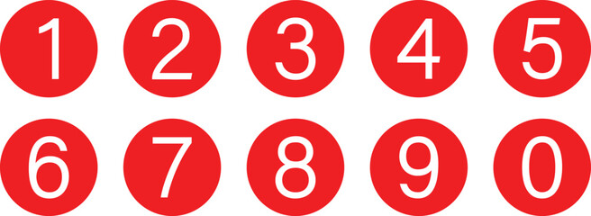 set of 0 to 9 white number icon on red circle vector illustration.