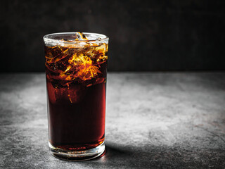 Cola soft drink with ice cubes, soda pop fizzy drink in Cold glass on gray background