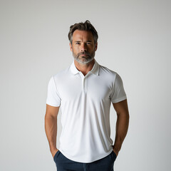 White Polo Shirt Mockup – Middle Aged Man, Studio Shot, Front View