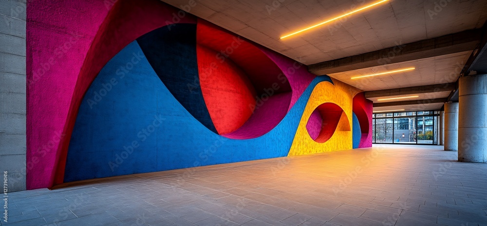Poster dynamic chromatic mural, interplay of shapes and shadows in urban architecture