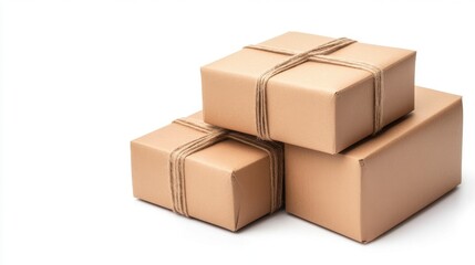 Stack of Brown Cardboard Shipping Boxes Tied with Twine on White Background