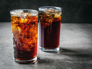 Cola soft drink with ice cubes, soda fizzy drink in Cold two glass on gray background