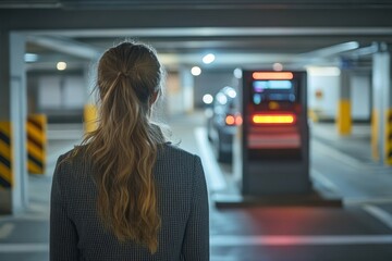 Woman driving into underground parking garage and collecting ticket from car park automated machine, rear view