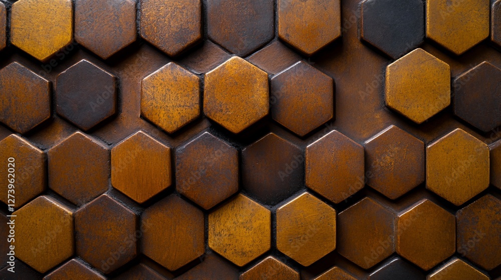 Poster abstract hexagonal panel with textured metallic surface and warm tones