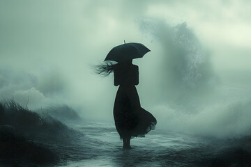 Young woman stands with umbrella in front of approaching storm