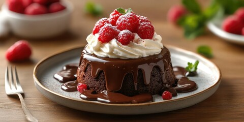 Decadent chocolate lava cake topped with fresh raspberries and whipped cream served on a wooden table