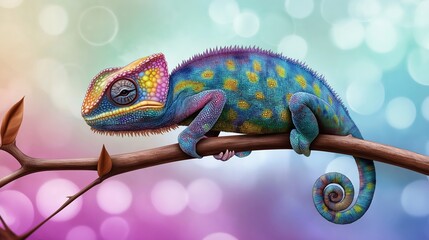Naklejka premium Colorful chameleon resting on branch nature scene digital artwork vibrant background macro view wildlife concept
