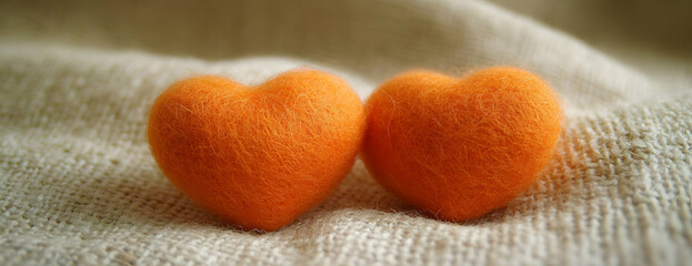 Two orange felt hearts on fabric. Valentine's Day card