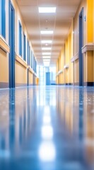Obraz premium Empty hospital corridor with reflection on the floor. Medical use and healthcare background