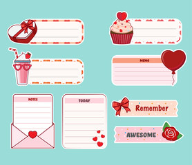 Cute paper notes for daily planner. Washi tape with cute patterns, to do, memo sheet stickers, blank diary decor elements vector set