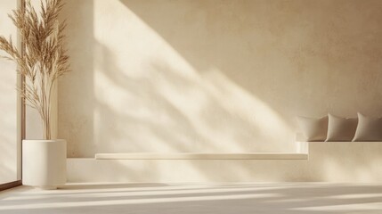 Beige Interior Design: Sunlit Room with Minimalist Decor and Neutral Tones